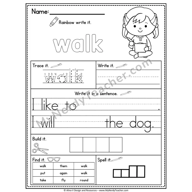 1st Grade Sight Word Practice Worksheet — Walk (Rainbow Write, Build & Spell)