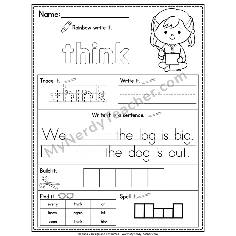 1st Grade Sight Word Practice Worksheet — Think (Rainbow Write, Build & Spell)