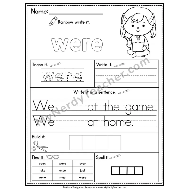 1st Grade Sight Word Practice Worksheet — Were (Rainbow Write, Build & Spell)