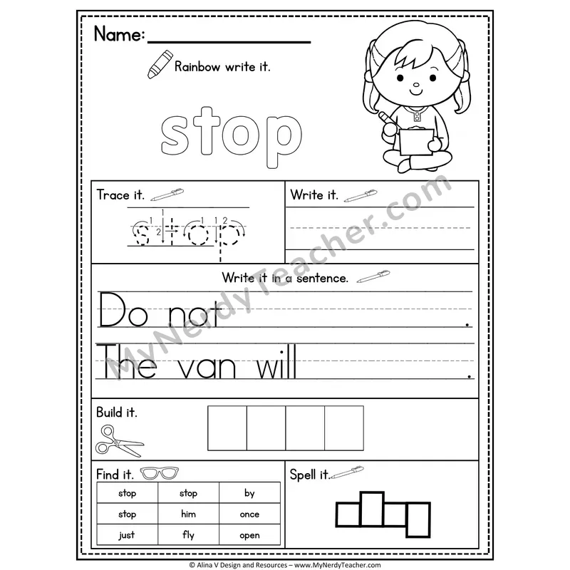 1st Grade Sight Word Practice Worksheet — Stop (Rainbow Write, Build & Spell)
