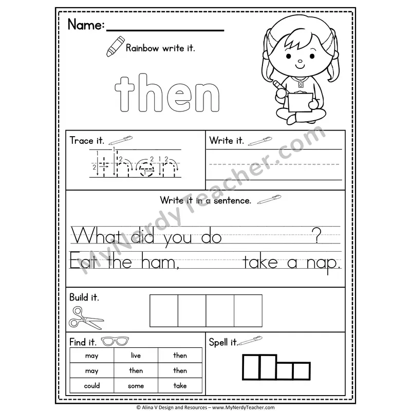 1st Grade Sight Word Practice Worksheet — Then (Rainbow Write, Build & Spell)