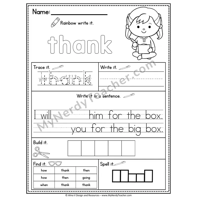 1st Grade Sight Word Practice Worksheet — Thank (Rainbow Write, Build & Spell)