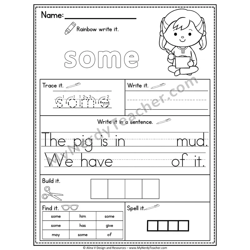 1st Grade Sight Word Practice Worksheet — Some (Rainbow Write, Build & Spell)