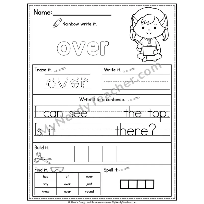 1st Grade Sight Word Practice Worksheet — Over (Rainbow Write, Build & Spell)