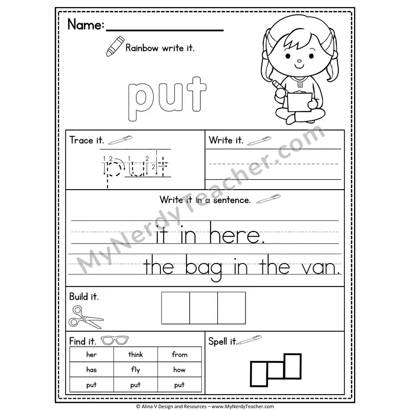 1st Grade Sight Word Practice Worksheet — Put (Rainbow Write, Build & Spell)