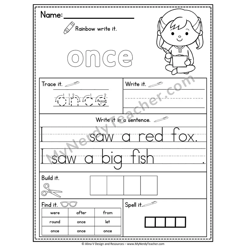 1st Grade Sight Word Practice Worksheet — Once (Rainbow Write, Build & Spell)