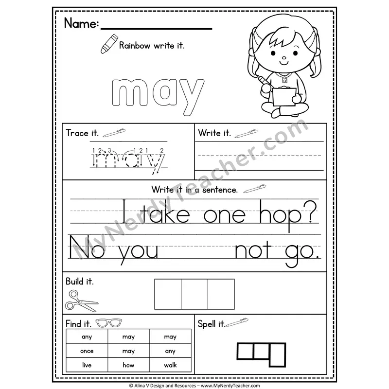 1st Grade Sight Word Practice Worksheet — May (Rainbow Write, Build & Spell)
