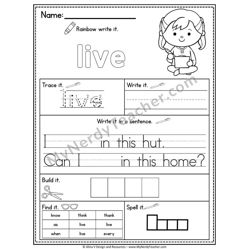 1st Grade Sight Word Practice Worksheet — Live (Rainbow Write, Build & Spell)