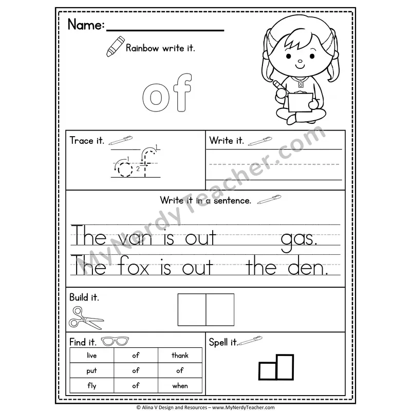 1st Grade Sight Word Practice Worksheet — Of (Rainbow Write, Build & Spell)