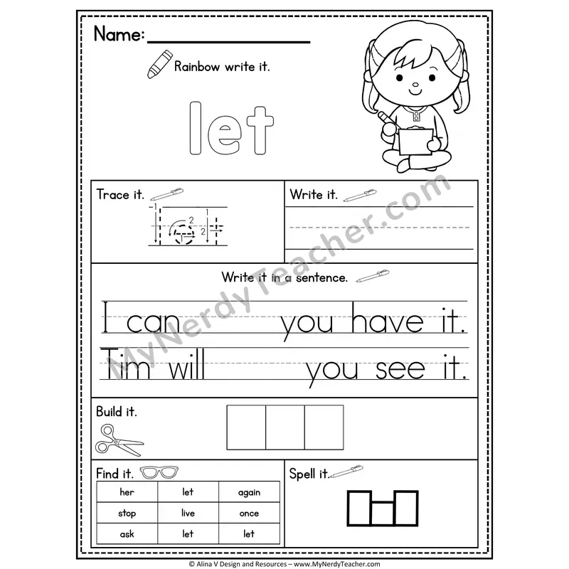 1st Grade Sight Word Practice Worksheet — Let (Rainbow Write, Build & Spell)