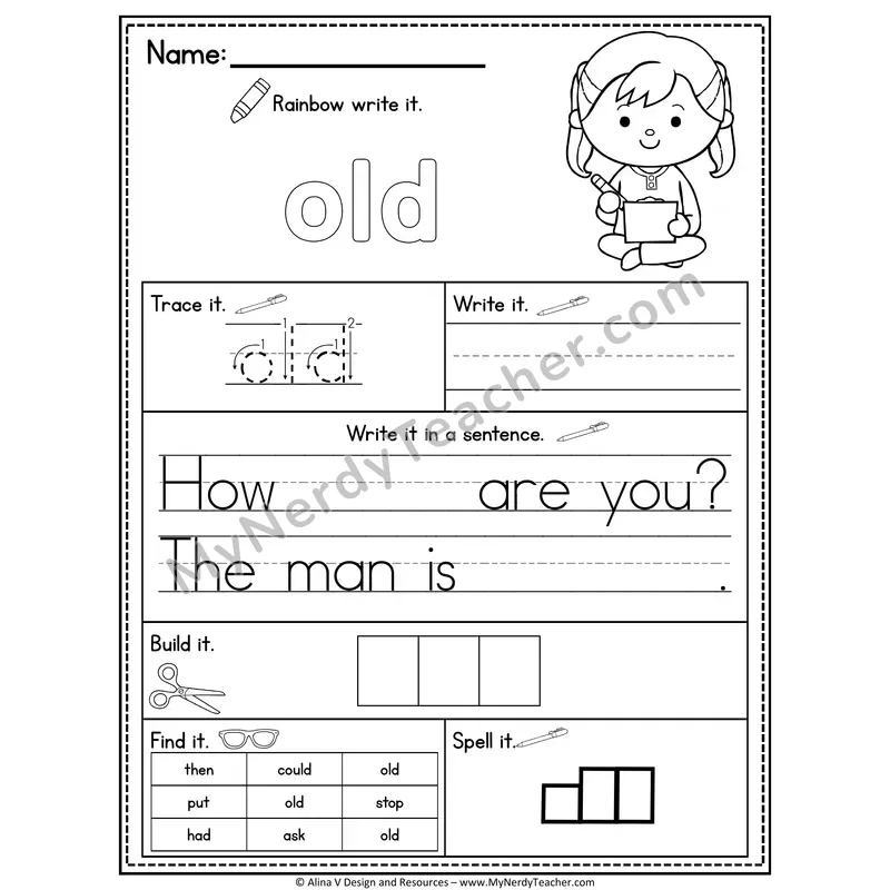 1st Grade Sight Word Practice Worksheet — Old (Rainbow Write, Build & Spell)
