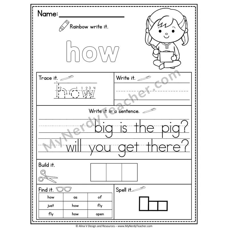 1st Grade Sight Word Practice Worksheet — How (Rainbow Write, Build & Spell)