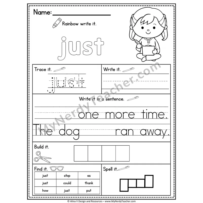 1st Grade Sight Word Practice Worksheet — Just (Rainbow Write, Build & Spell)
