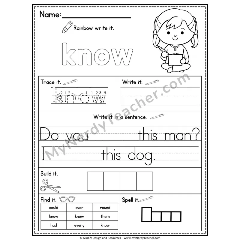 1st Grade Sight Word Practice Worksheet — Know (Rainbow Write, Build & Spell)
