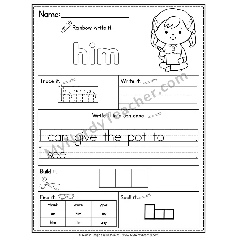 1st Grade Sight Word Practice Worksheet — Him (Rainbow Write, Build & Spell)