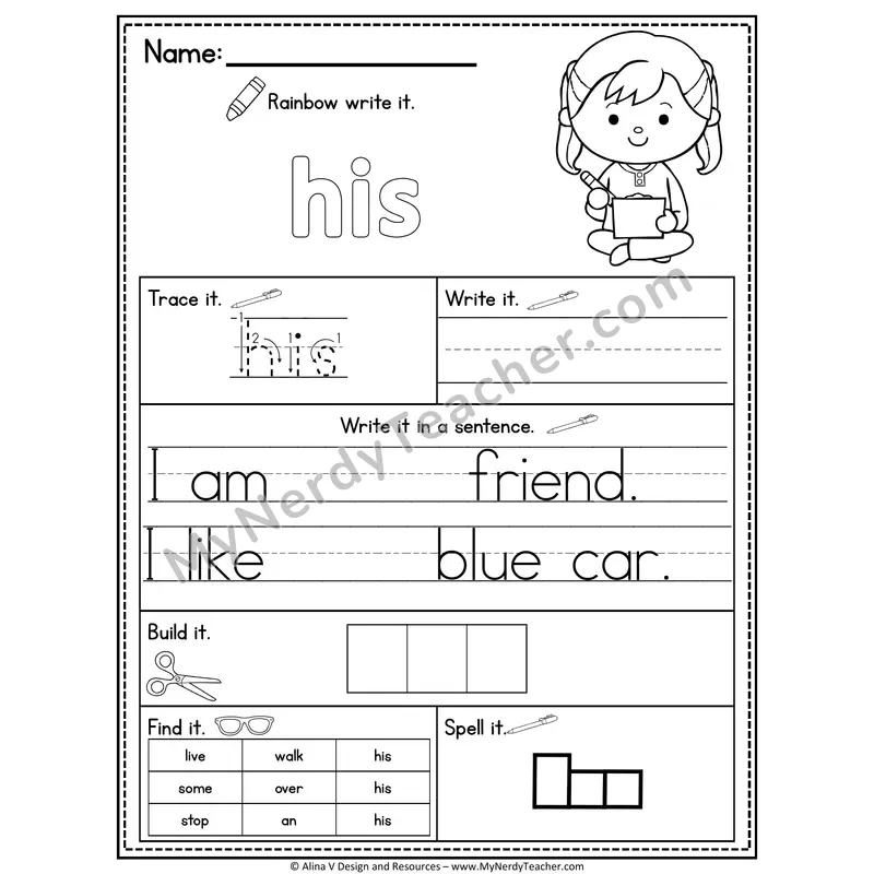 1st Grade Sight Word Practice Worksheet — His (Rainbow Write, Build & Spell)