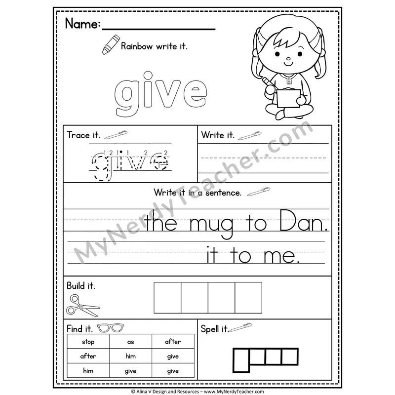 1st Grade Sight Word Practice Worksheet — Give (Rainbow Write, Build & Spell)