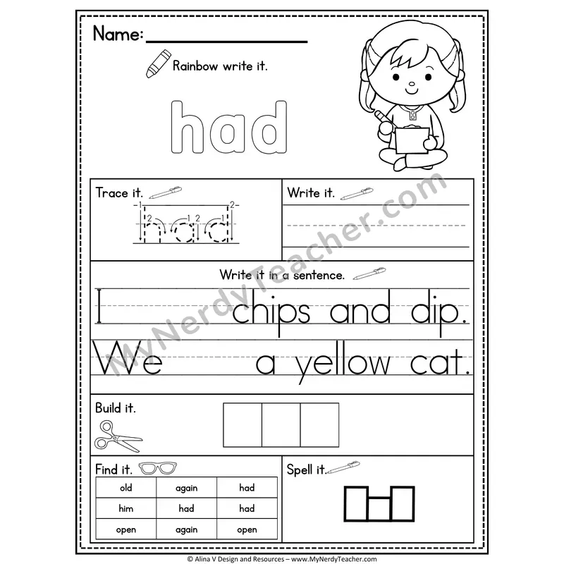 1st Grade Sight Word Practice Worksheet — Had (Rainbow Write, Build & Spell)