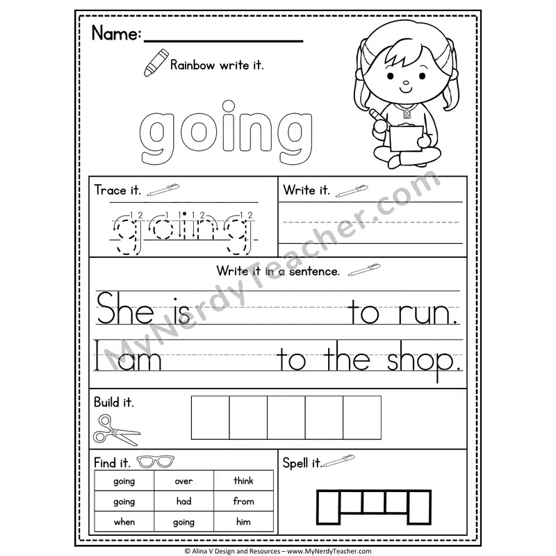 1st Grade Sight Word Practice Worksheet — Going (Rainbow Write, Build & Spell)
