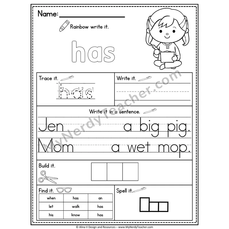 1st Grade Sight Word Practice Worksheet — Has (Rainbow Write, Build & Spell)