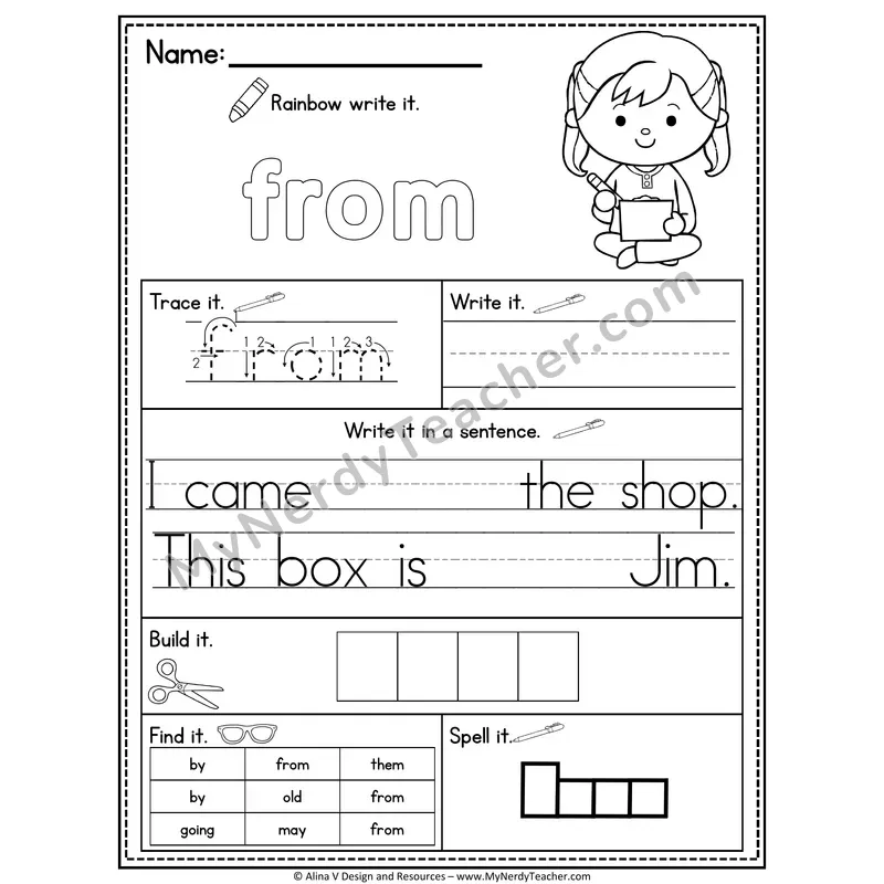 1st Grade Sight Word Practice Worksheet — From (Rainbow Write, Build & Spell)