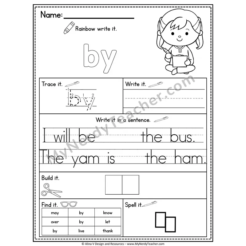 1st Grade Sight Word Practice Worksheet — By (Rainbow Write, Build & Spell)