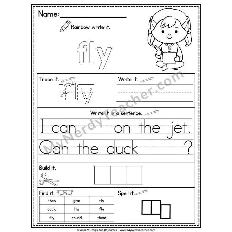 1st Grade Sight Word Practice Worksheet — Fly (Rainbow Write, Build & Spell)