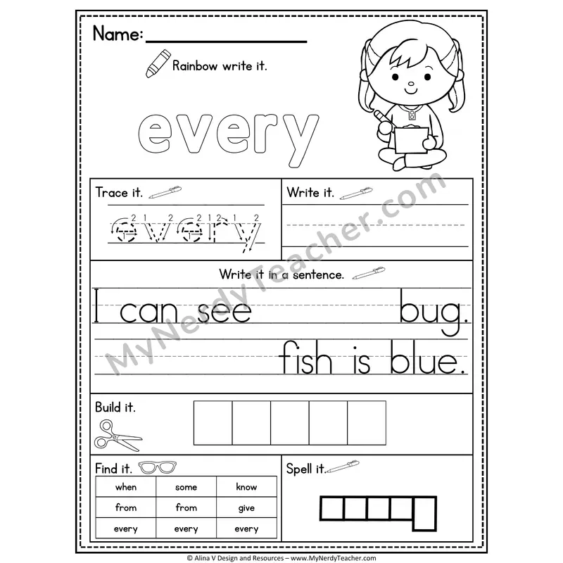 1st Grade Sight Word Practice Worksheet — Every (Rainbow Write, Build & Spell)