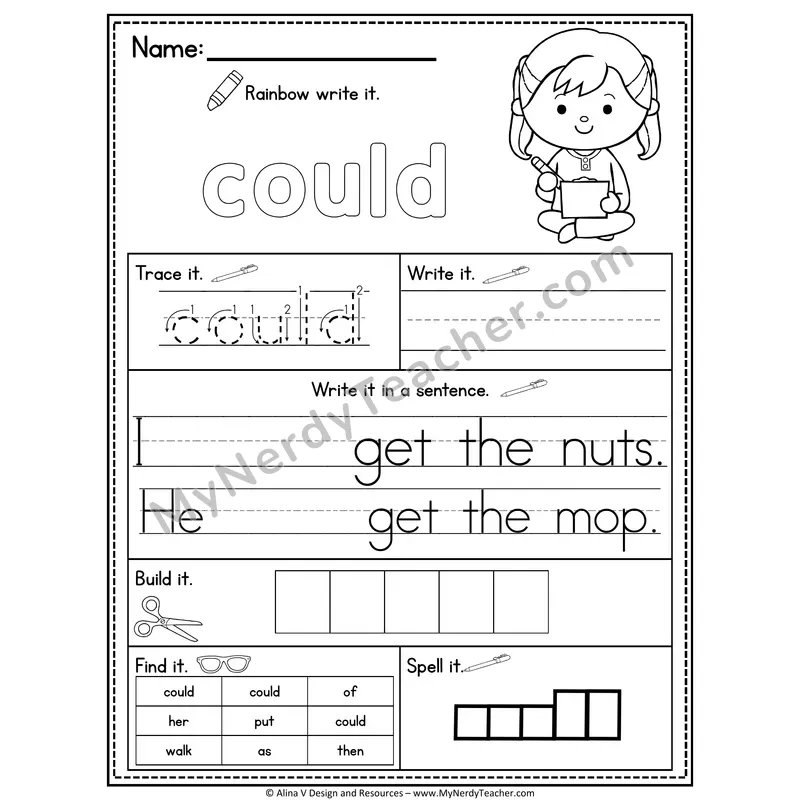1st Grade Sight Word Practice Worksheet — Could (Rainbow Write, Build & Spell)