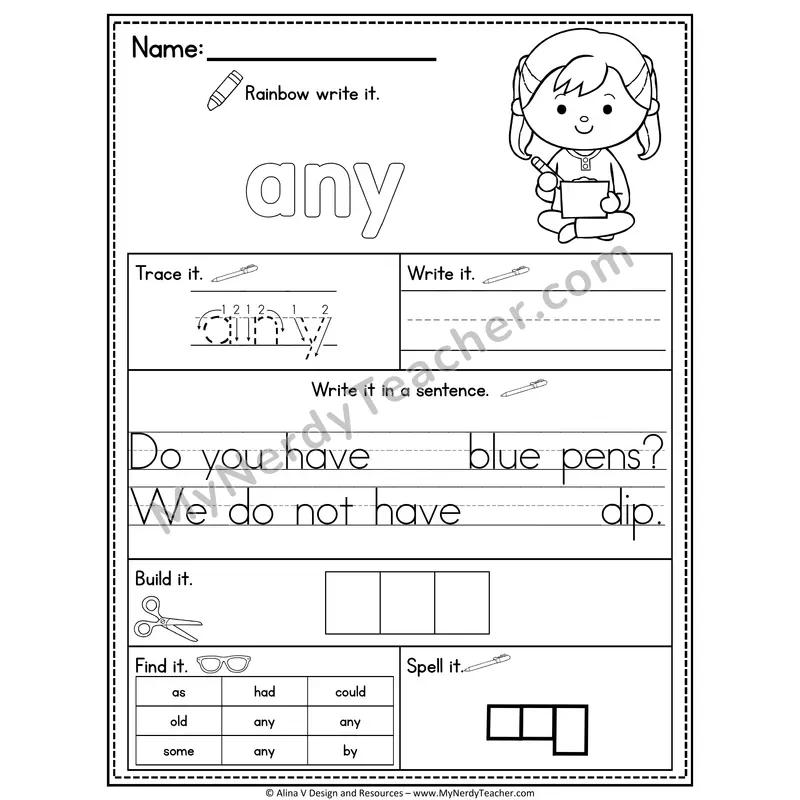 1st Grade Sight Word Practice Worksheet — Any (Rainbow Write, Build & Spell)