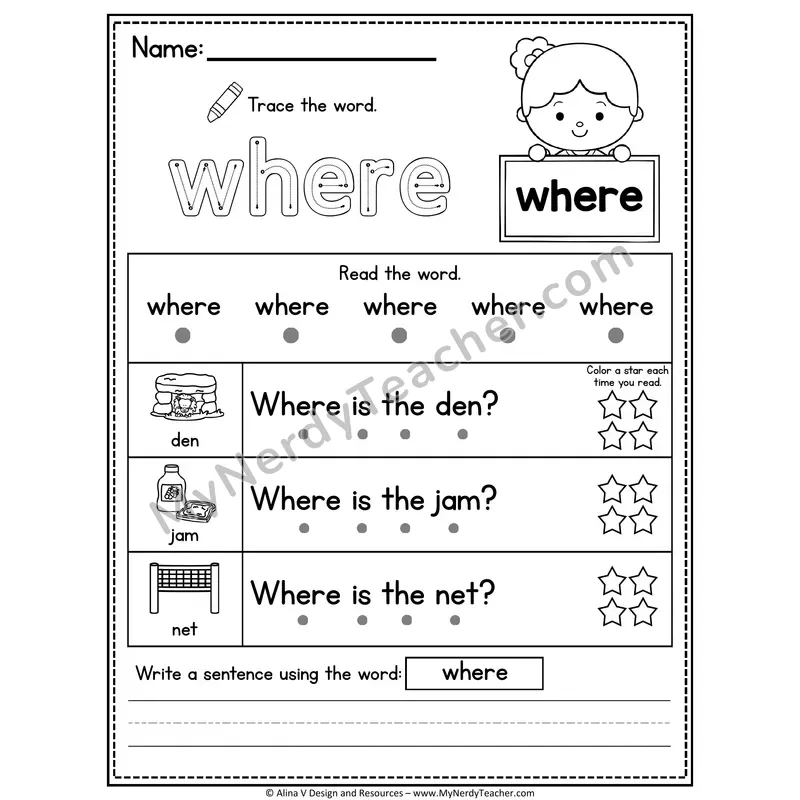 Pre-K Sight Word Worksheet — Where (Trace, Read & Write)