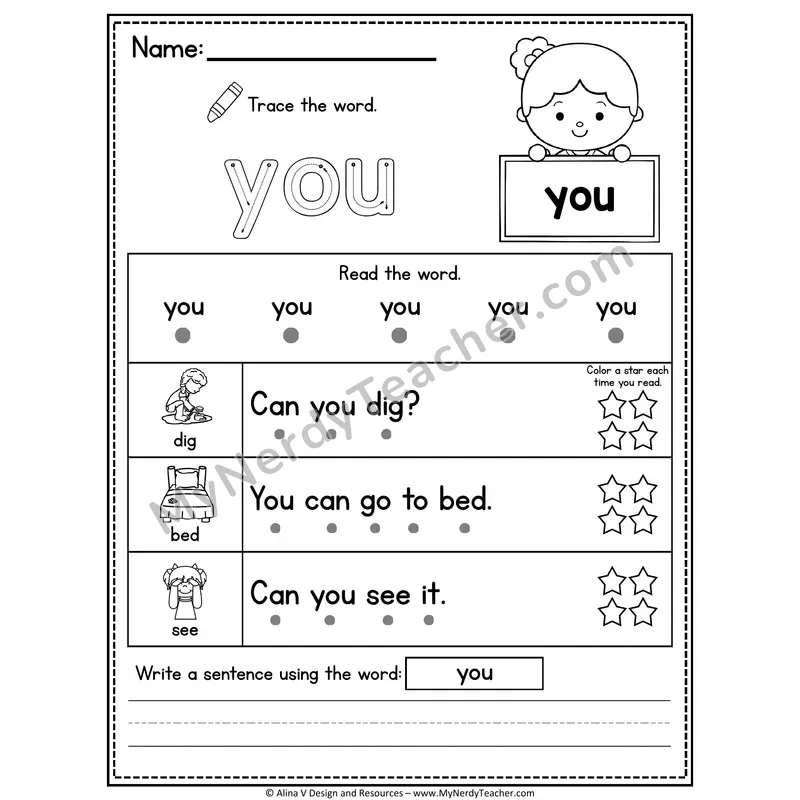 Pre-K Sight Word Worksheet — You (Trace, Read & Write)