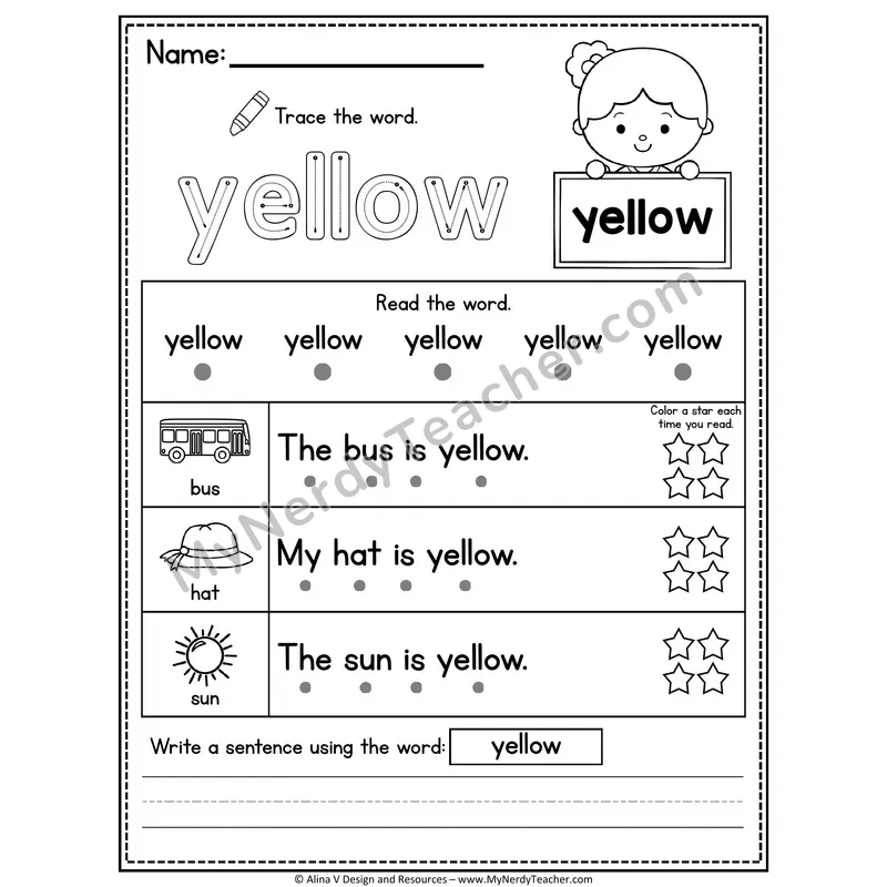 Pre-K Sight Word Worksheet — Yellow (Trace, Read & Write)