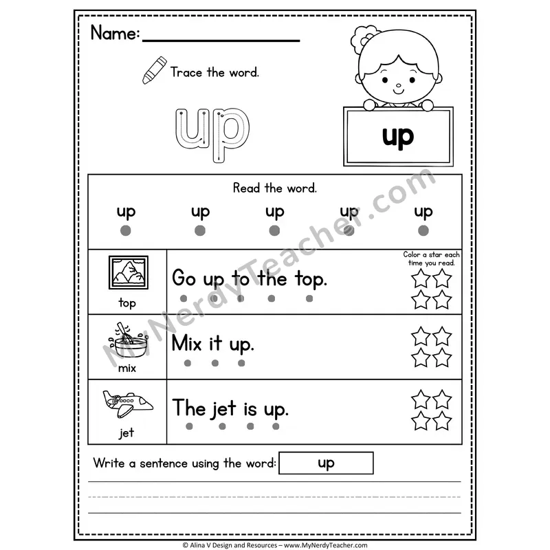 Pre-K Sight Word Worksheet — Up (Trace, Read & Write)