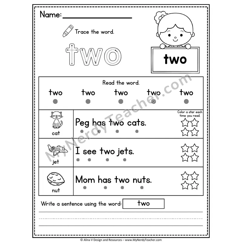 Pre-K Sight Word Worksheet — Two (Trace, Read & Write)