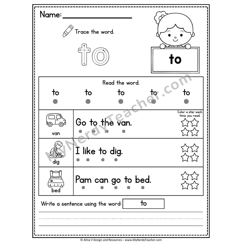 Pre-K Sight Word Worksheet — To (Trace, Read & Write)