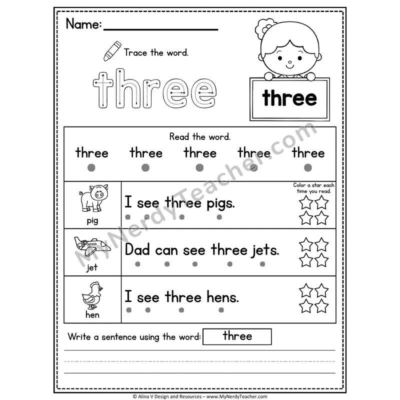 Pre-K Sight Word Worksheet — Three (Trace, Read & Write)
