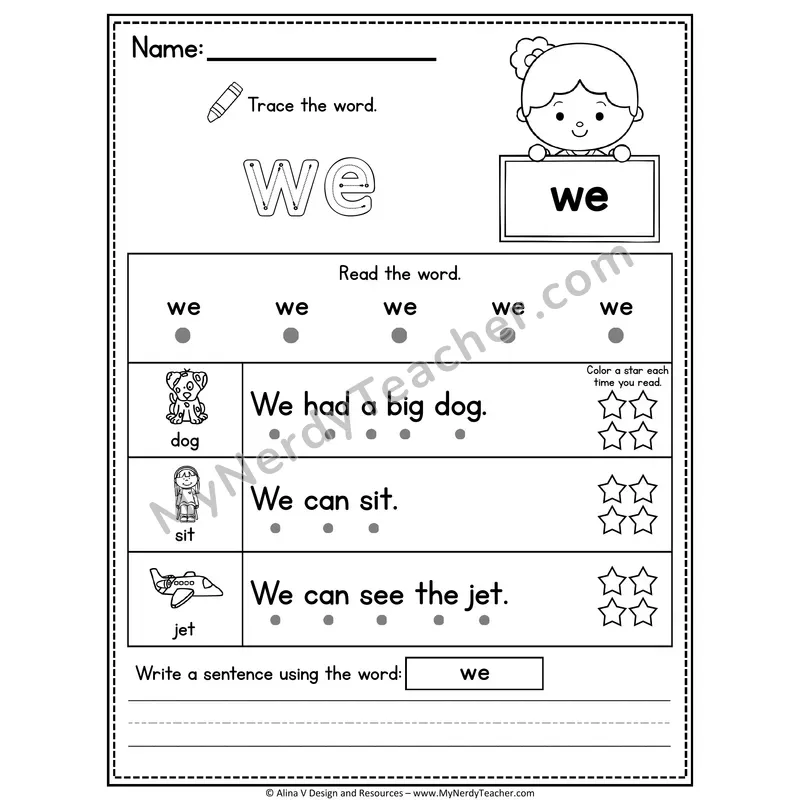 Pre-K Sight Word Worksheet — We (Trace, Read & Write)