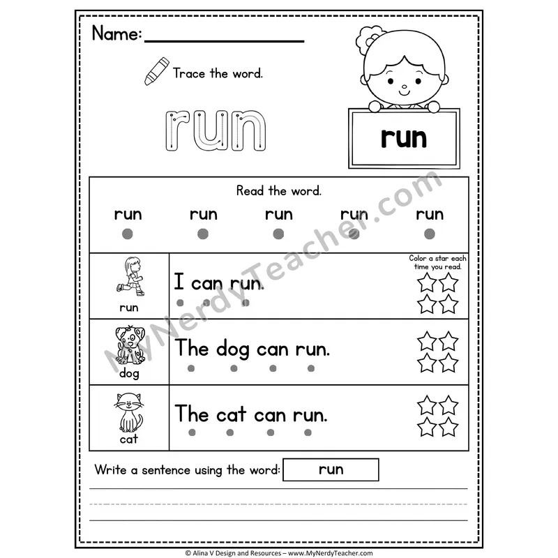 Pre-K Sight Word Worksheet — Run (Trace, Read & Write)
