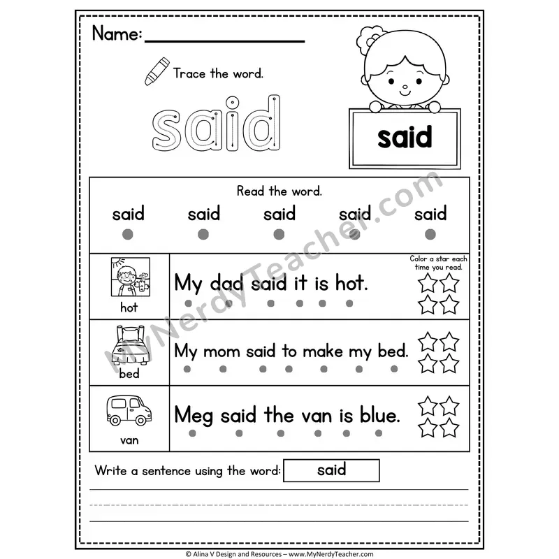 Pre-K Sight Word Worksheet — Said (Trace, Read & Write)
