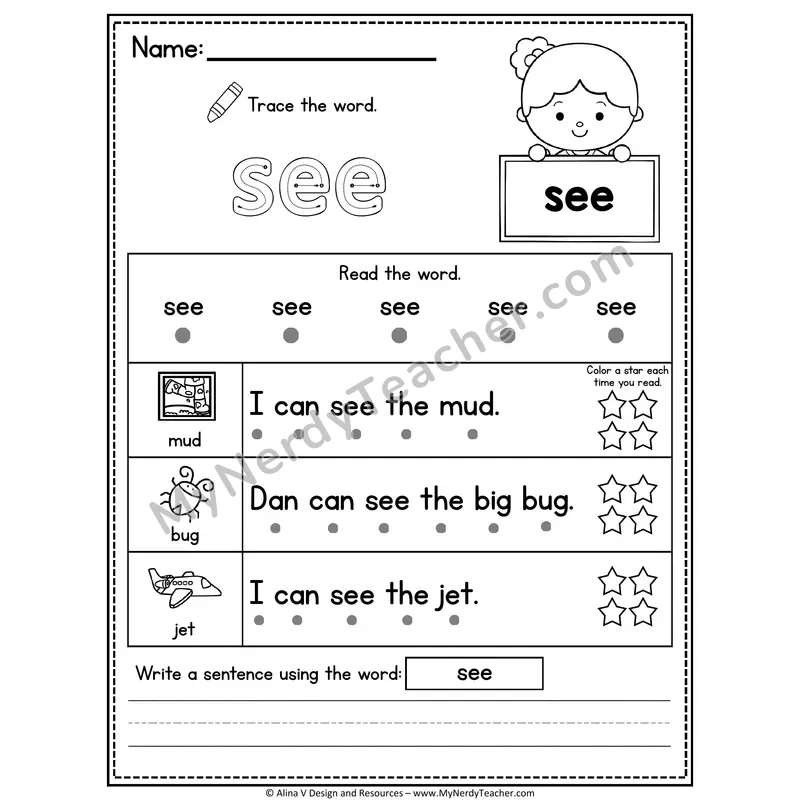 Pre-K Sight Word Worksheet — See (Trace, Read & Write)