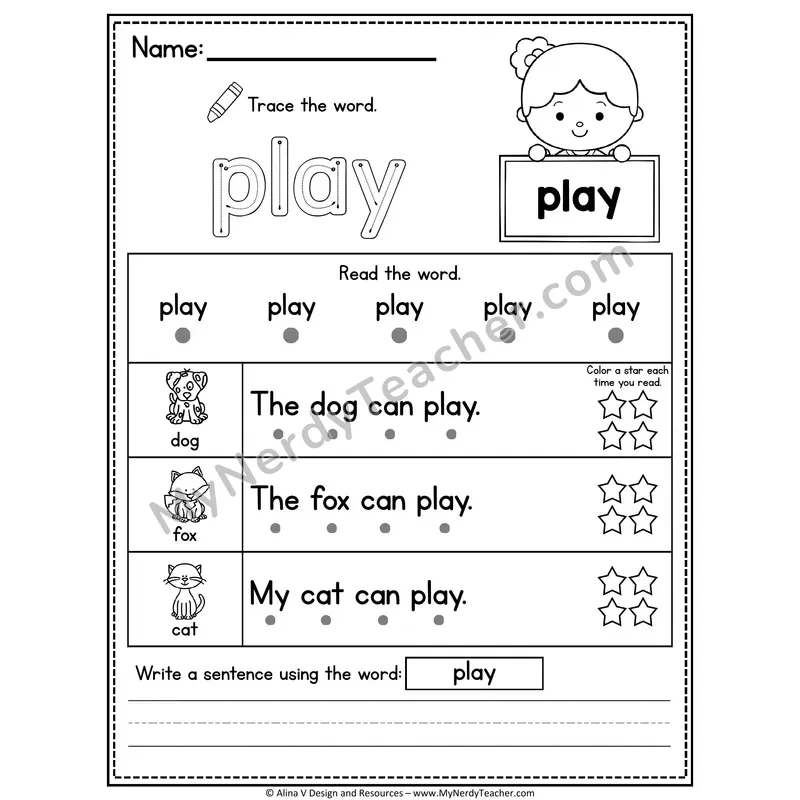 Pre-K Sight Word Worksheet — Play (Trace, Read & Write)