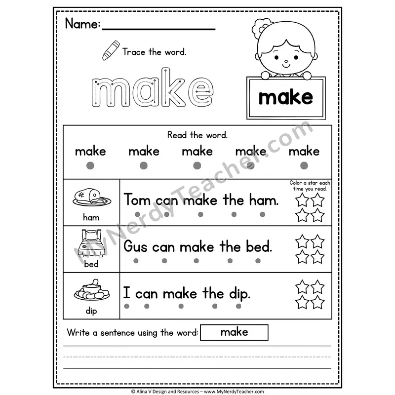 Pre-K Sight Word Worksheet — Make (Trace, Read & Write)