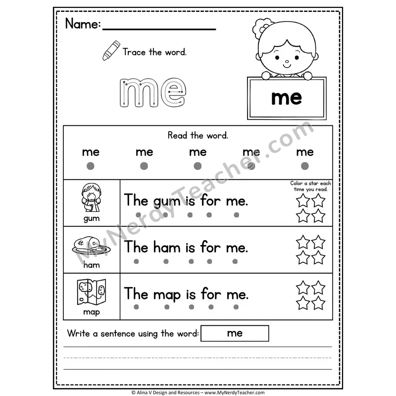 Pre-K Sight Word Worksheet — Me (Trace, Read & Write)