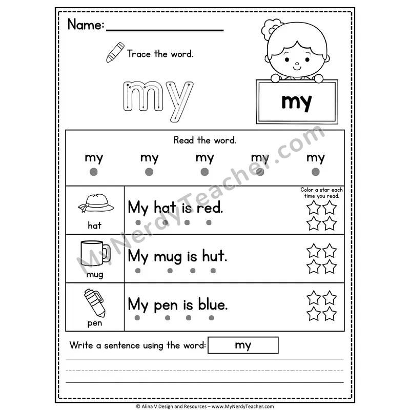 Pre-K Sight Word Worksheet — My (Trace, Read & Write)