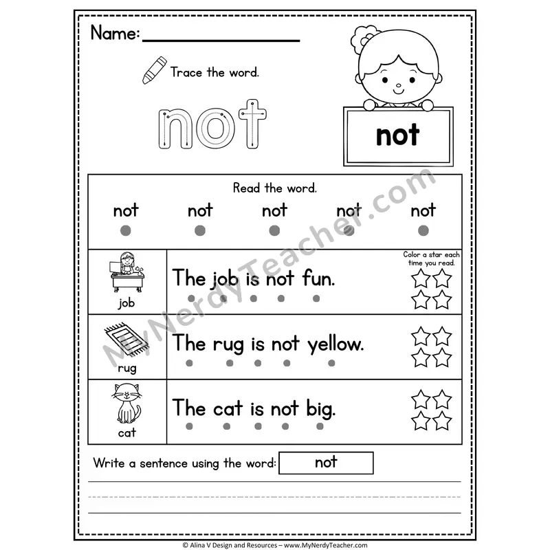 Pre-K Sight Word Worksheet — Not (Trace, Read & Write)