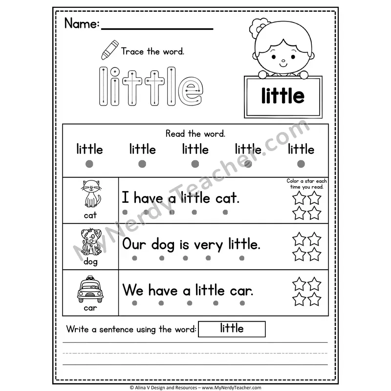 Pre-K Sight Word Worksheet — Little (Trace, Read & Write)