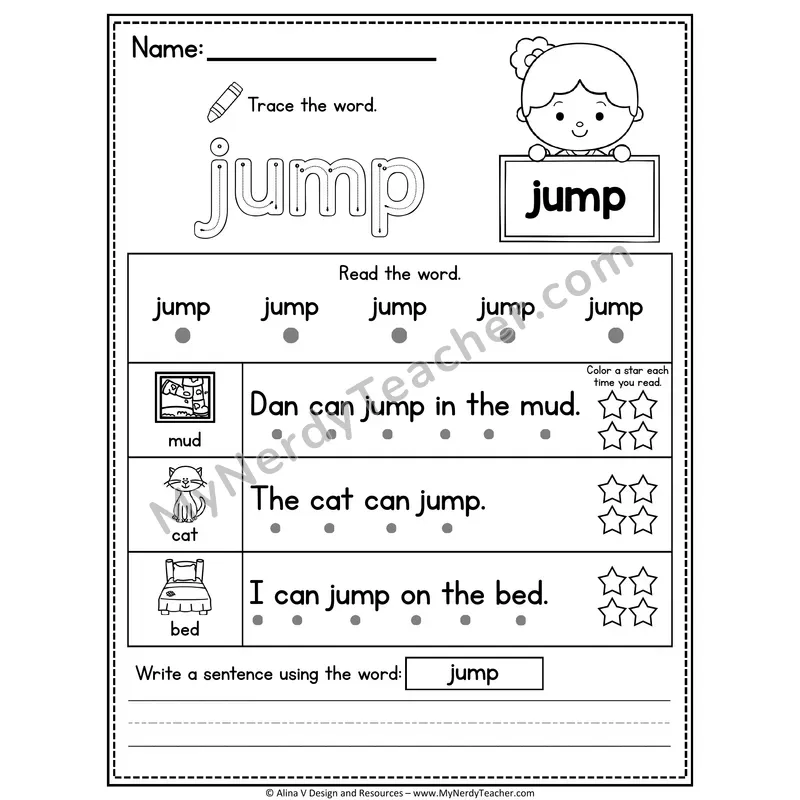 Pre-K Sight Word Worksheet — Jump (Trace, Read & Write)