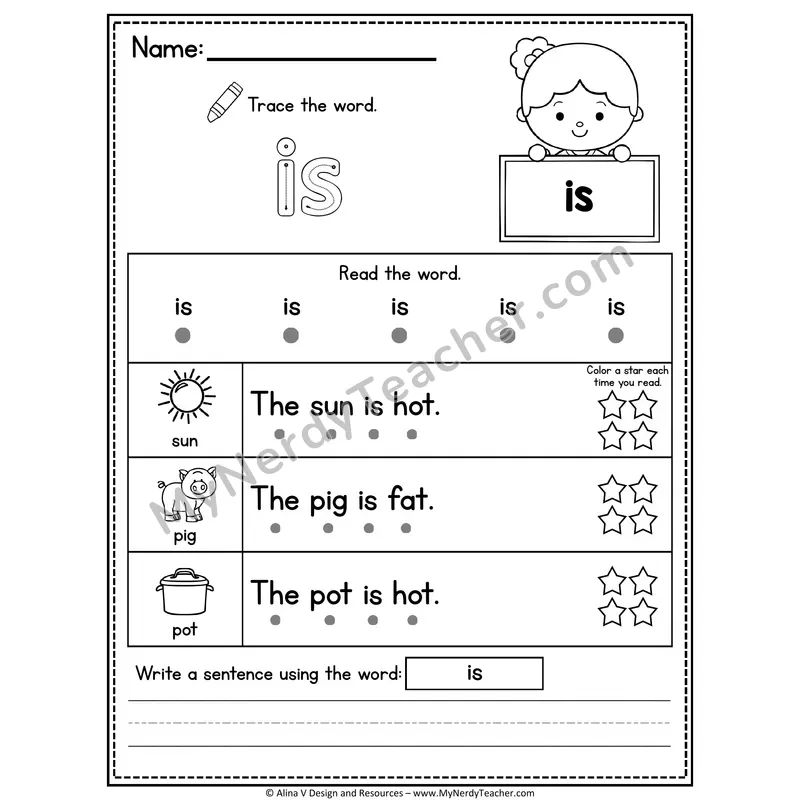 Pre-K Sight Word Worksheet — Is (Trace, Read & Write)