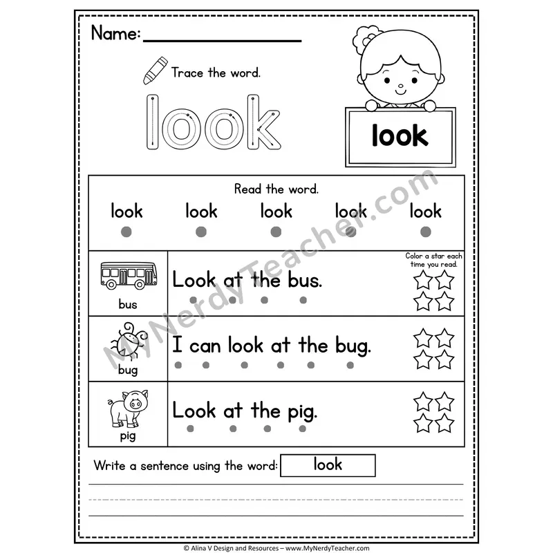 Pre-K Sight Word Worksheet — Look (Trace, Read & Write)
